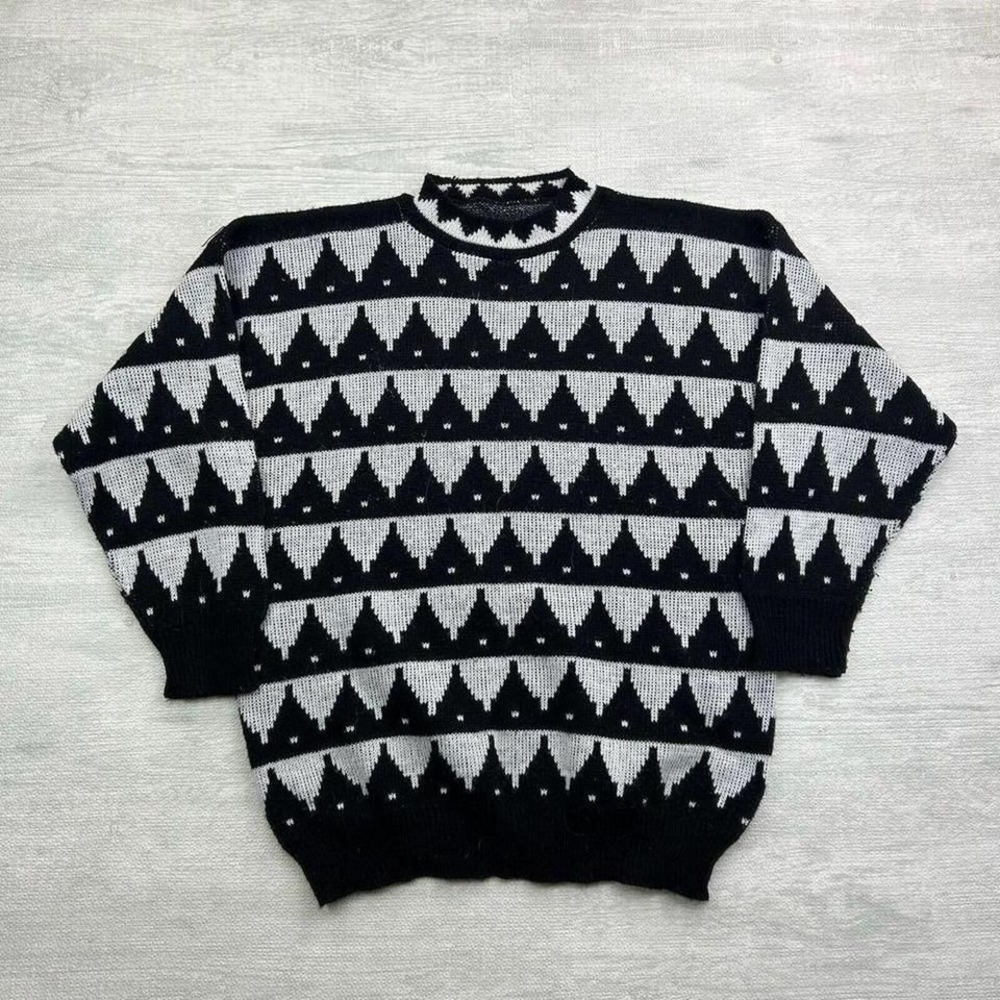 Vintage Triangle Dot Sweater Mens XL Black White Geometric Striped Teeth Grandpa